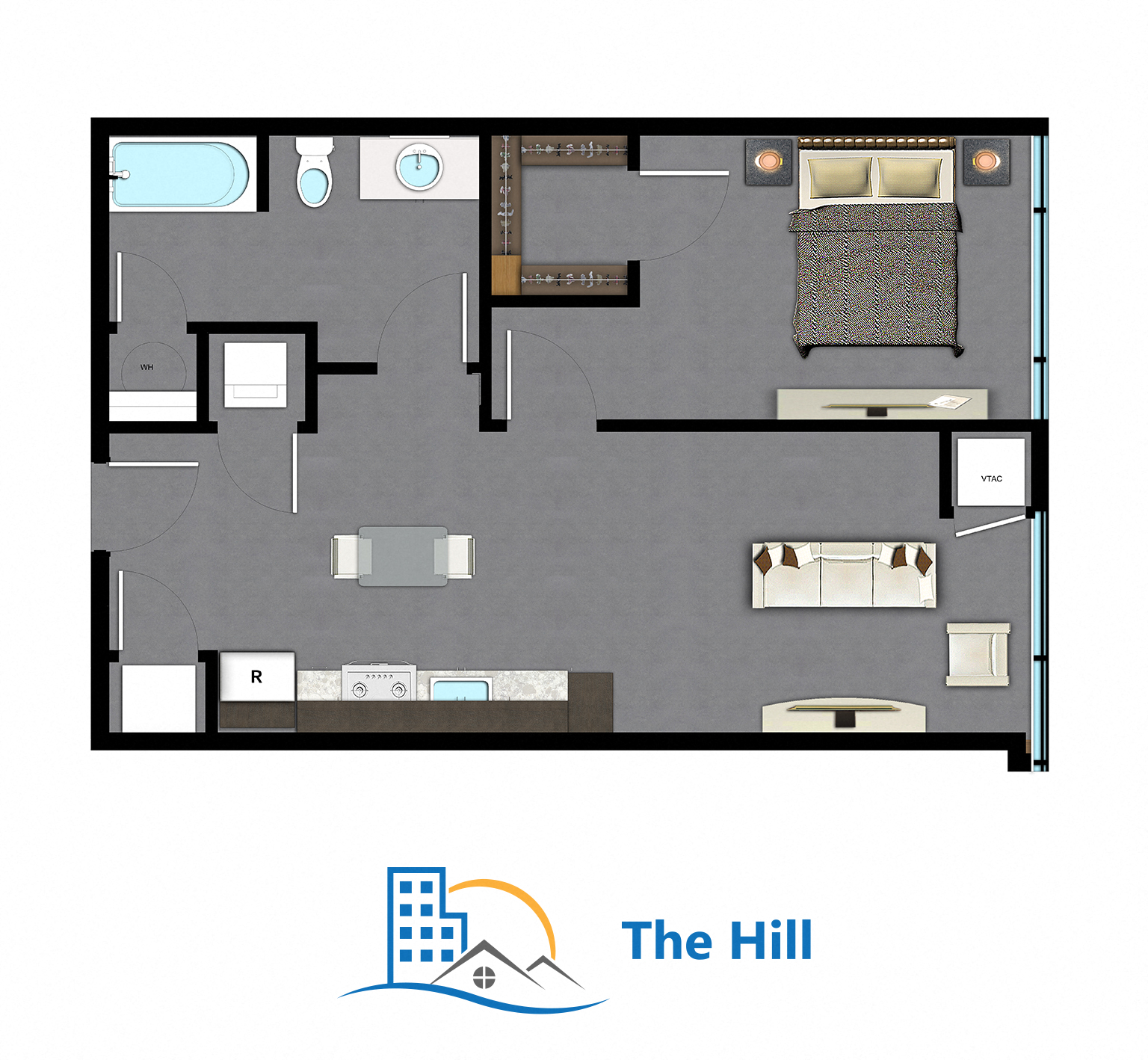 Floor plan for 1 bed, 1 bath, 607 sqft